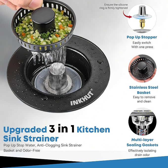Upgraded 3 in 1 Kitchen Sink Drain Strainer (Black) | Stainless Steel Sink Stopper, Anti-Clogging Food Catcher Basket, Bounce Core Drain Strainer Plug for 3 1/2 inch Drain