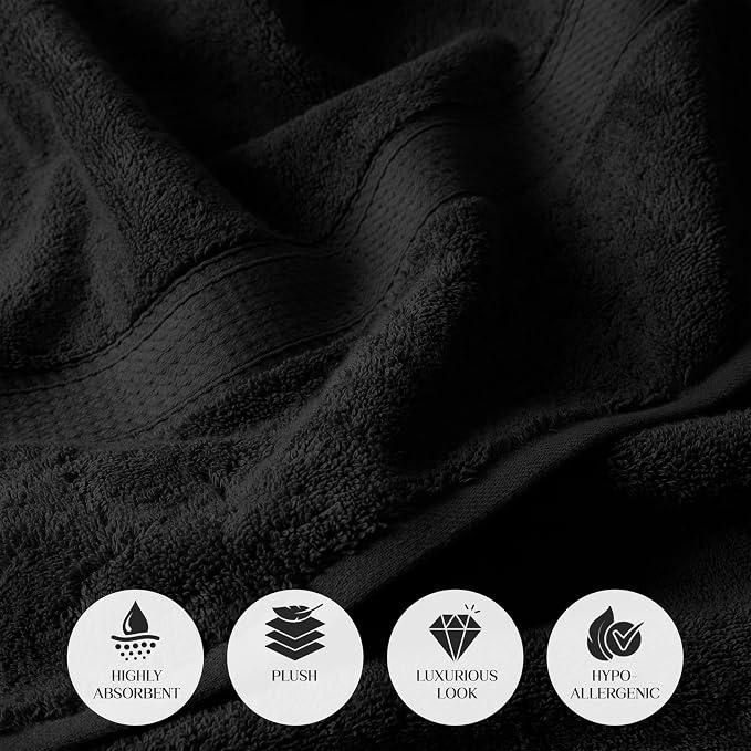SUPERIOR Egyptian Cotton Ultra Plush & Absorbent, 12 Piece Set, Black | Heavyweight 12 Pc Egyptian Cotton Towel Set Includes 4 Bath Towels 4 Hand Towels 4 Washcloths Decorative Rope Border