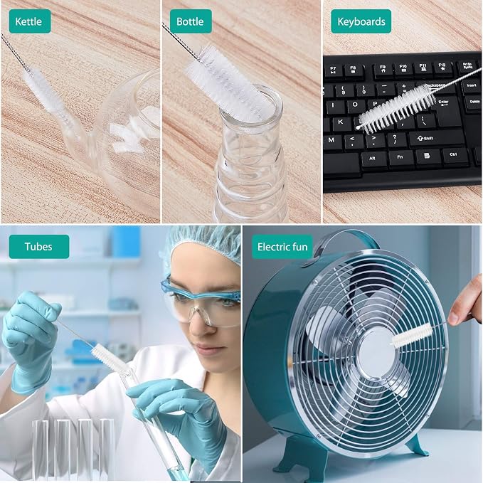 CiaraQ Bottle Cleaning Brushes, 8 Inch Nylon Tube Brush Set | White Cleaner for Narrow Neck Bottles Cups with Hook, Set of 10pcs.