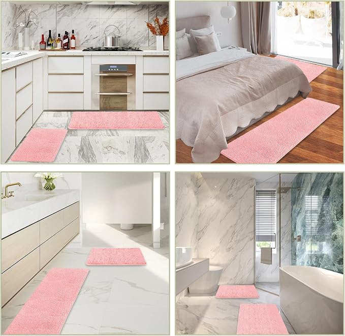 Pink Bathroom Rugs Sets 2 Piece – Absorbent and Washable Bath Mat, Non-Slip, Thick Soft Chenille Bath Rugs for Bathroom Floor, Shower, Sink - 20" x 32"+24" x 36"