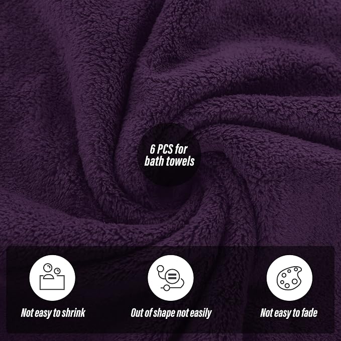MOONQUEEN 6 Pack Premium Bath Towel Set - Quick Drying - Microfiber Coral Velvet Highly Absorbent Towels - Multipurpose Use as Bath Fitness, Bathroom, Shower, Sports, Yoga Towel (Grape Purple)