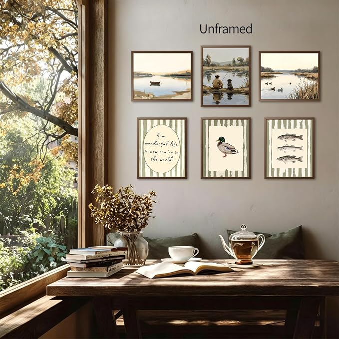 ZYANGZY Vintage Fishing Poster Set of 6, Retro Mallard Duck Wall Art Painting Rustic Nursery Wall Decor Dog and Boy Canvas Picture Prints for Farmhouse Bedroom Living Room 12x16 inch Unframed
