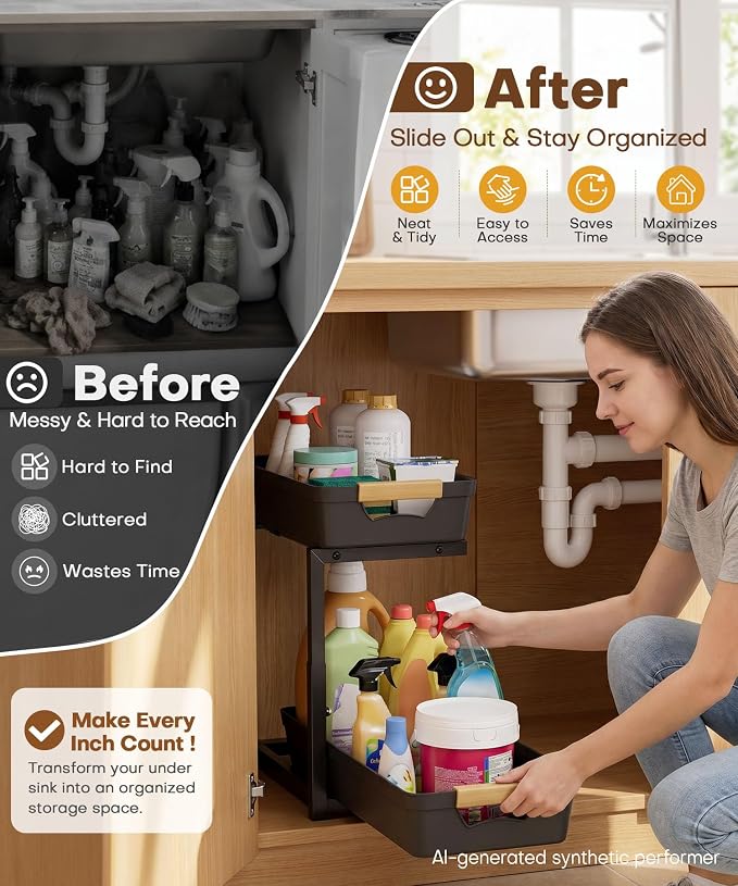 Homde Sliding Under Sink Organizer: 2-Pack Pull-Out Rack for Kitchen | 4 Easy-Access Baskets for Cluttered Cabinets - Busy Families Find Everything Instantly - Full-Extension Glide Design