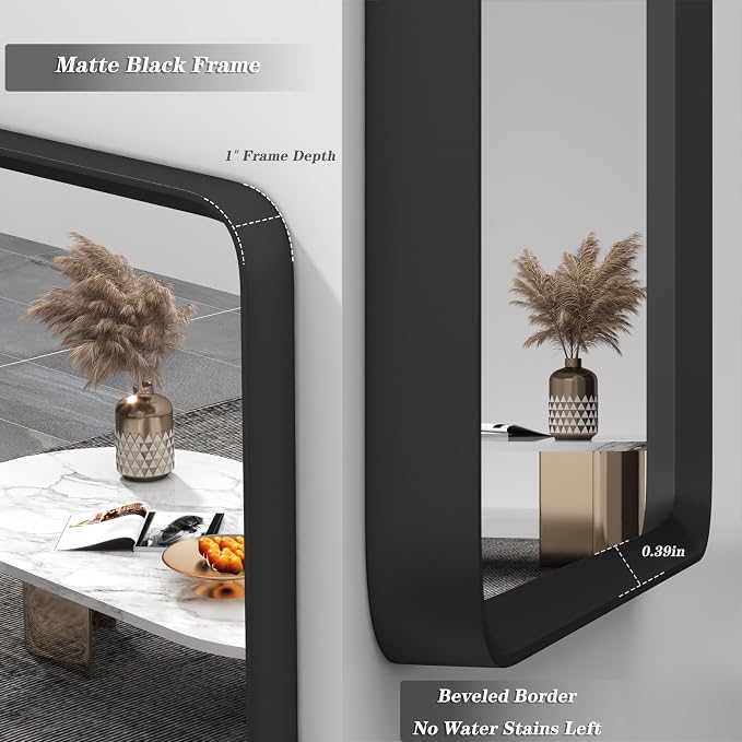 48x36 Black Matte Bathroom Mirror for Wall | Black Metal Frame, Rounded Rectangle Mirror, Beveled Frame, Anti-Rust, Shatterproof (Horizontal/Vertical)