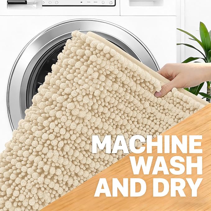 OLANLY Large Bathroom Rugs 59x35, Thick Soft Absorbent Chenille Bath Rugs | Beige, Quick-Drying Rubber Backing, Shaggy Bath Mat, Machine Washable for Floor, Tub and Shower, Home Decor Accessories