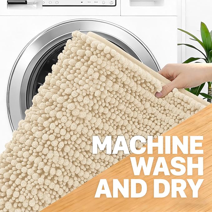 OLANLY Large Bathroom Rugs 40x32, Thick Soft Absorbent Chenille Bath Rugs | Beige, Quick-Drying Rubber Backing, Shaggy Bath Mat, Machine Washable for Floor, Tub and Shower, Home Decor Accessories