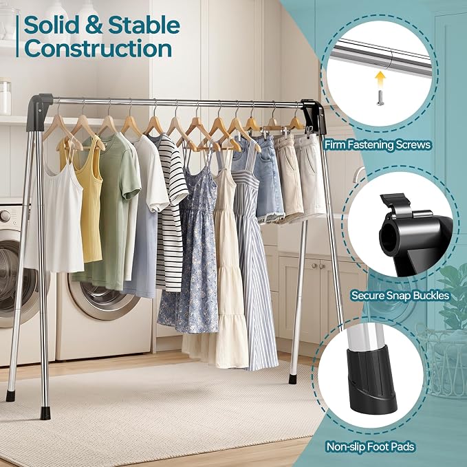 TOOLF 55 Inch Stainless Steel Collapsible Clothes Drying Rack | Drying Rack Clothing, Non Slip Foot Pads, Indoor Outdoor Use, Garments, Sweaters, Towels, Delicate Laundry Daily Wear