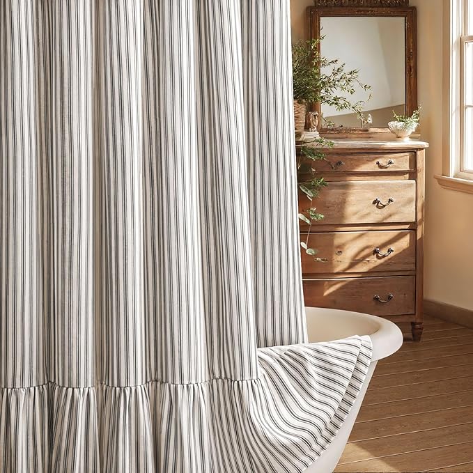 Farmhouse Shower Curtain Ruffle Linen Cream-Black Stripe 72"W x 84"L | Farmhouse Boho, Striped, Bottom Ruffle, Linen Fabric, Rustic, Country, Natural Look, Washable, for Bathroom Bathtub