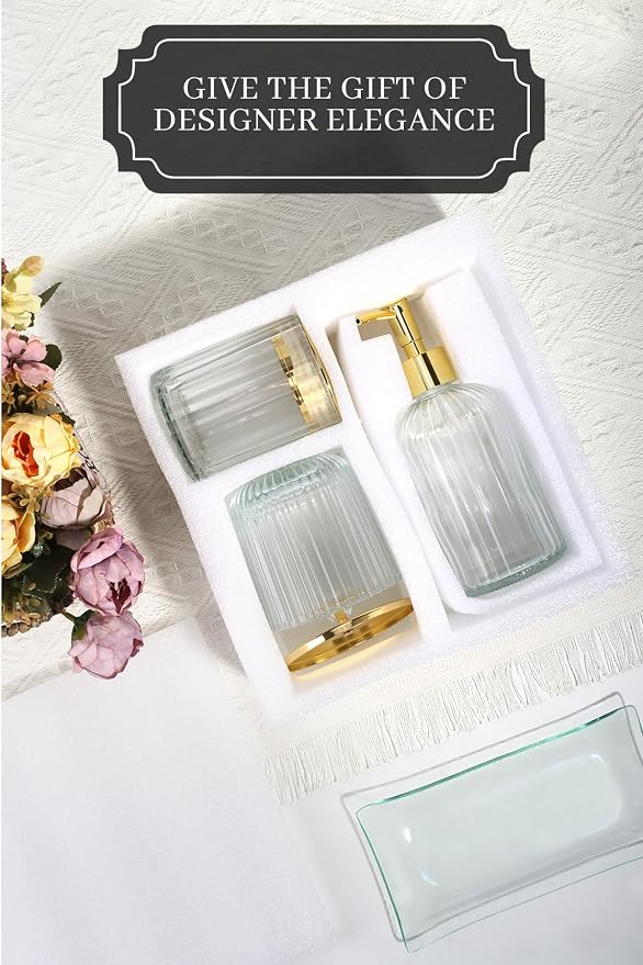 Designer Clear Glass Bathroom Accessories Sets - 4 Pcs with Lotion Soap Dispenser, Bathroom Toothbrush Holder, Vanity Tray, and Apothecary Jar, Vintage Bathroom Decor, Gift Countertop Organizer