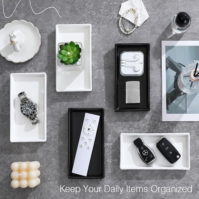 Luxspire Bathroom Vanity Tray Ceramic Perfume and Jewelry Dish, Mini, Black | 6.7 x 3.5 inch Smooth matte ceramic, easy clean, anti-slip bottom, organize soap dispenser jewelry candles