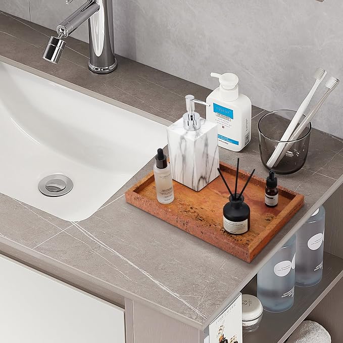Real Natural Marble Tray for Bathroom, Vanity, Kitchen Counter & Desktop | Rectangle Genuine Stone Marble for Home Decor - Ideal for Jewelry, Cosmetics, Candles, Lotion & Perfume Display