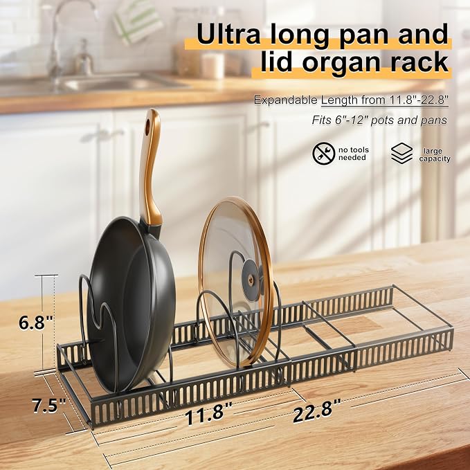 Pots and Pans Organizer Rack for Under Cabinet Expandable Pot Lid holders inside Organizer 10 Adjustable Divider Pan organizer 11.81''-22.85'' Pan lid organizer for cabinet Organizer for Bakeware