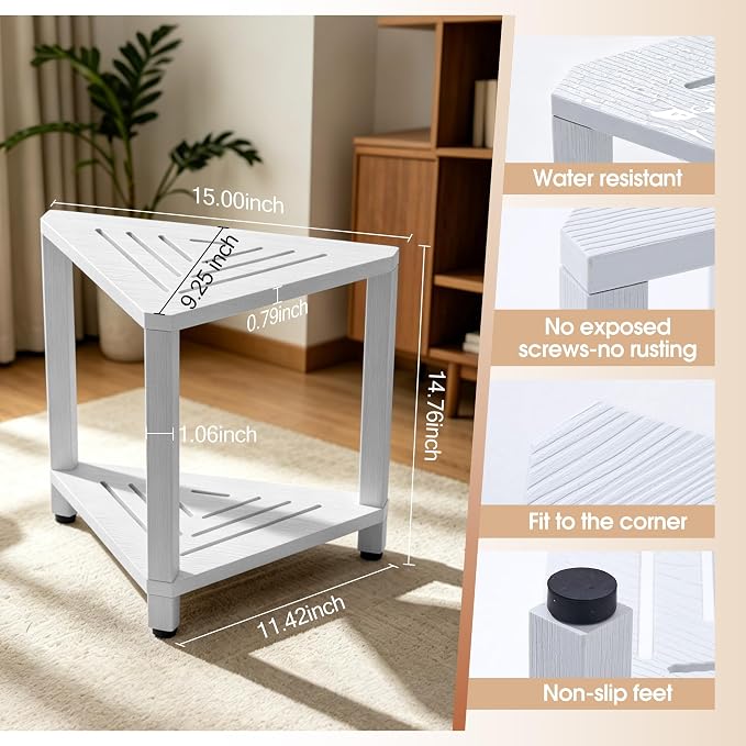 Corner Shower Stool with Storage Shelf, HDPS Waterproof Shower Foot Rest for Shaving Legs, 2-Tier Triangle Bathroom Stool for Inside Shower, Non-Slip Small Shower Bench, White