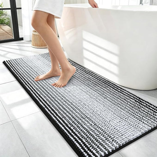 OLANLY Bathroom Runner Rugs 47x17, Soft Chenille Striped Bath Rugs, Black | Extra Absorbent, Rubber Backing, Machine Wash Dry, Bath Mats for Bathroom Floor, Tub and Shower, Home Decor Accessories