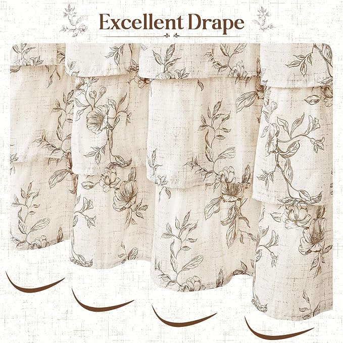Yinhua Extra Long Farmhouse Ruffle Shower Curtain for Bathroom, 72" Wx90 L | Brown Floral Print, Ruflle Design, 12 Metal Hooks, Vintage Rustic Washable Waterproof Shower Curtain for Bathroom Bathtub
