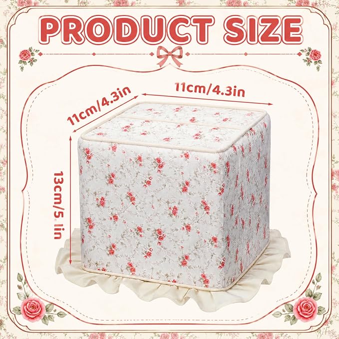 Hushee Cottagecore Ruffle Tissue Box Cover Floral Print Tissue Box Handmade Cotton Square Napkin Holder for Home Bedroom Living Room Bathroom Vanity Countertop Car Office Kitchen(Pink)