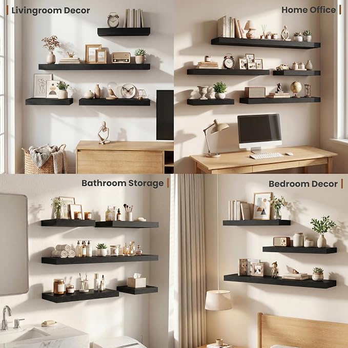 Vivelove Floating Shelves for Wall 18x12” Set of 2, Black | Easy Install With Hardware, 2" Thick, Invisible Brackets, Wall Mounted, No Sagging, For Any Room