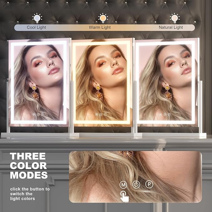 Hasipu Professional Large Vanity Mirror with Lights, 17"x22" Vertical LED Makeup Mirror with 10X Magnification, Smart Touch Control Dimmable 3 Modes Light 360°Rotation for Dresser