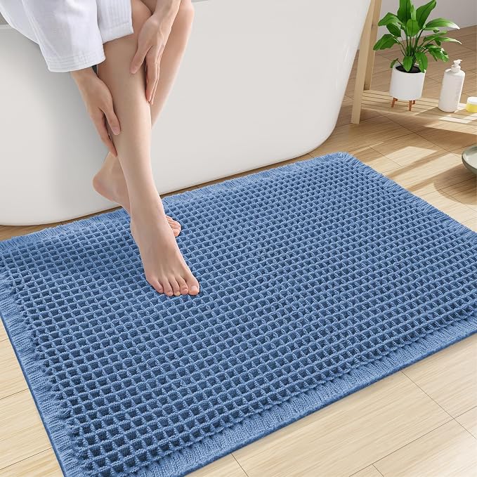 Smiry Waffle Bath Mat 30X20, Extra Soft Absorbent Bathroom Rugs, Blue | Non Slip Machine Washable Quick Dry Bath Rugs for Bathroom Floor, Tub, Shower, Home Decor Accessories