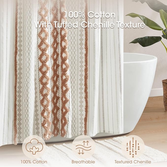 INK+IVY 100% Cotton Tufted Shower Curtain for Bathroom, Rose Clay, 72 x 72 | Machine Washable, Boho Tufted Chenille Modern Home Bathroom Decor, Bathtub Privacy Screen, OEKO-TEX Certified