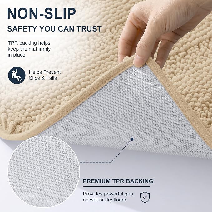 Smiry Thick Chenille Large Bathroom Runner Rugs 44x32, Soft Bath Mat, Beige | Quick‑Dry & Machine Washable, Non‑Slip Bath Carpet, Striped Bath Rugs for Tub & Shower, Modern Home Decor Accessories