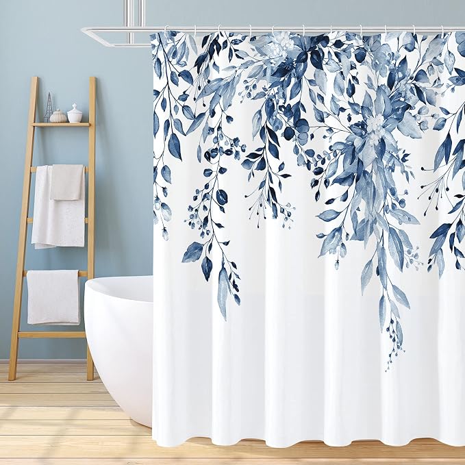 Navy Eucalyptus Shower Curtain, Watercolor Floral Print, 72x72 | Watercolor Plant Leaves Floral Print, Waterproof Fabric Bathroom Decor, Machine Washable, Rustproof Grommets
