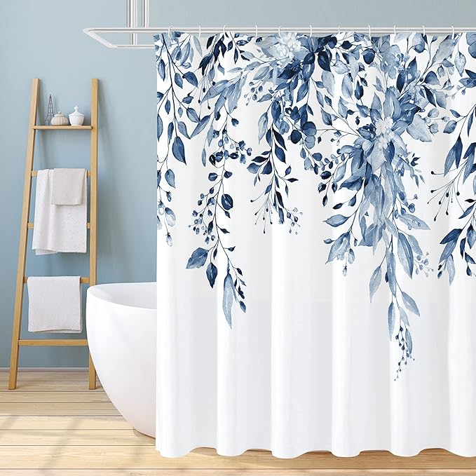 Navy Eucalyptus Shower Curtain, Watercolor Floral Print, 72x96 | Watercolor Plant Leaves Floral Print, Waterproof Fabric Bathroom Decor, Machine Washable, Rustproof Grommets