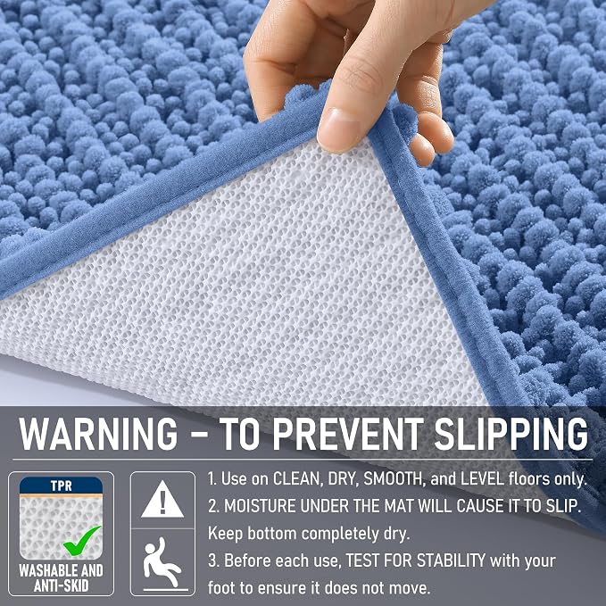 OLANLY Bathroom Runner Rugs 59x24, Thick Soft Absorbent Chenille Bath Rugs | Cornflower Blue, Quick-Drying Rubber Backing, Long Shaggy Bath Mat, Washable for Floor, Tub Shower, Home Decor Accessories