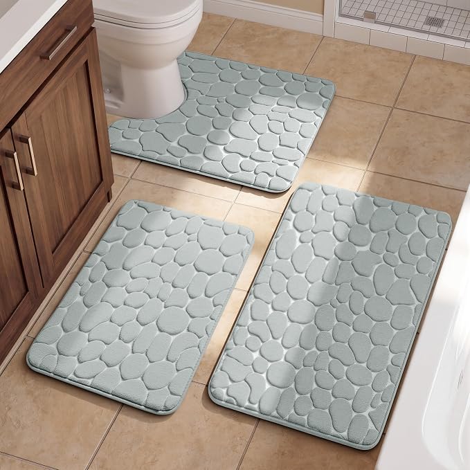 Bathroom Rugs Mat Set, Memory Foam Bath Mat 3 Piece Gray | U Shape+Small Mat, Non Slip, Water Absorbent, Washable, Bath Mat For Bathroom, Sink and Toilet