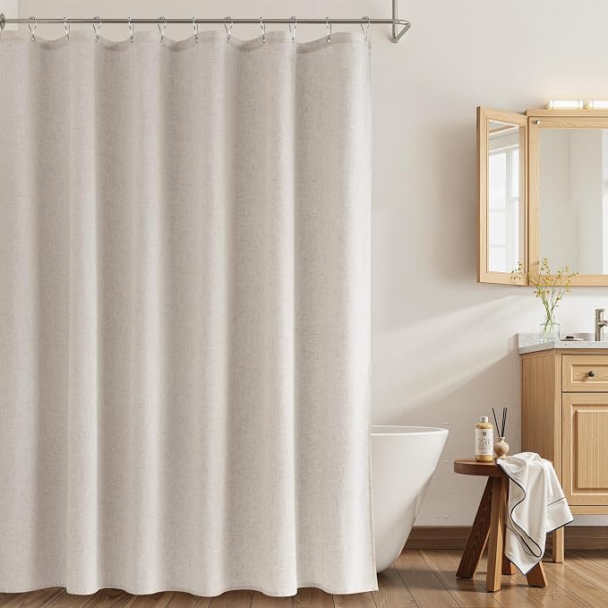 Extra Long Linen Shower Curtain 96 Inch Long for Bathroom Boho Farmhouse Fabric Shower Curtains Set with Hooks Neutral Cloth Modern Cottage Core Waterproof,Mousse White