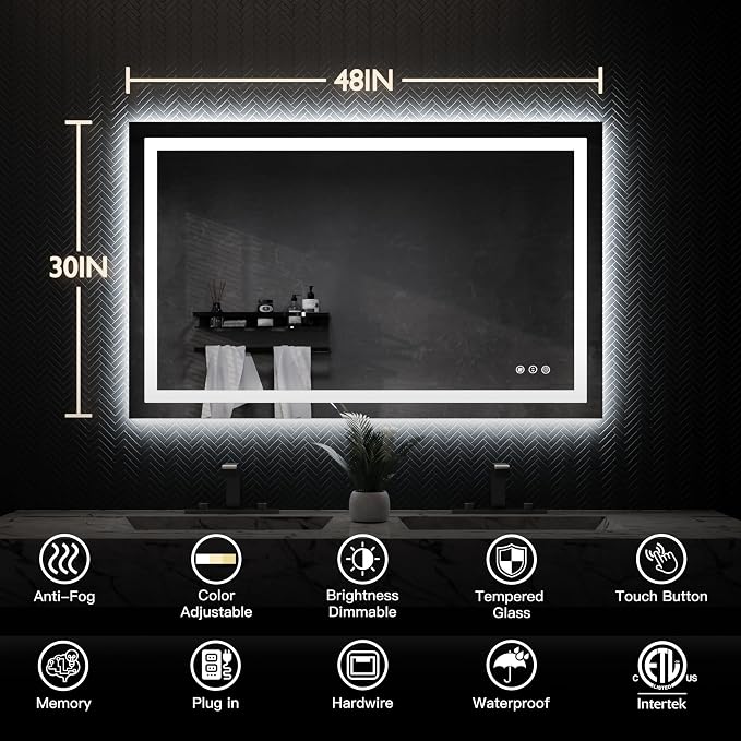 ISKM 48x30 LED Mirror for Bathroom, Front and Back Lit, Anti-Fog, Dimmable | Memory Function,ETL,3 Color Temps 3000K-6000K,IP65 Waterproof ,Tempered Glass, Plug in or Hardwired, for Makeup & Shaving