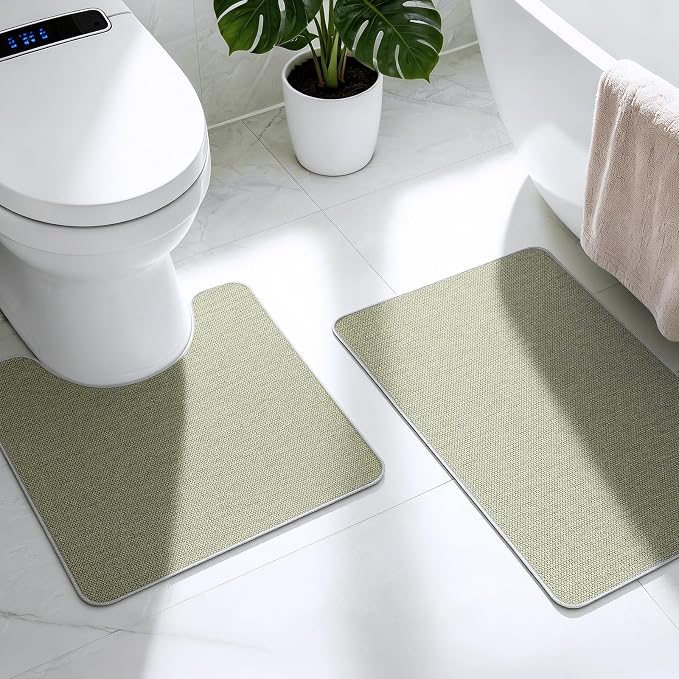 Bathroom Rugs Sets 2 Piece, Thin Bath Mat & U-Shaped Contour Toilet Rug Absorbent Quick Dry, Machine Washable, Non Slip Low Pile Bath Mats for Bathroom/Tub/Sink/Shower (30"x20" +24"x20" U, Sage Green)