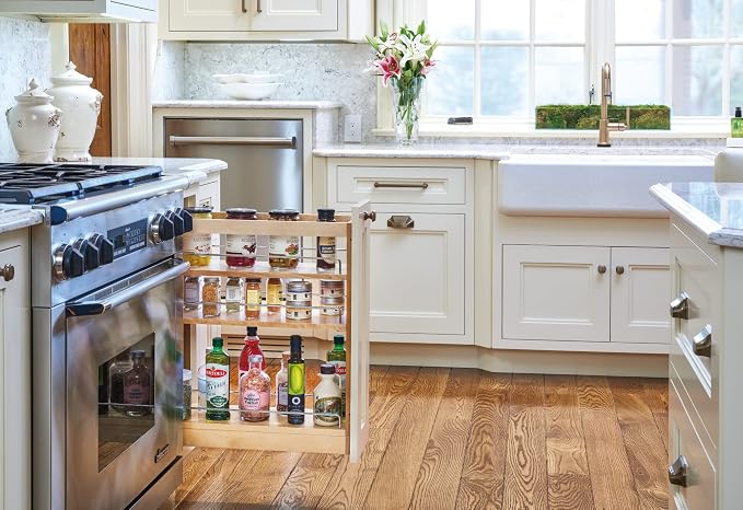 Rev-A-Shelf Maple Pullout Organizer w/Blum Soft-Close for Base Cabinets, Full Extension Slides & Adjustable Shelves, Min Opening Width of 8.5", 448-BCSC-8C