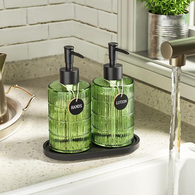 Green Glass Soap and Lotion Dispenser Set with Tray by Brighter Barns - Liquid Hand Soap Dispenser and Pump - Bamboo Bathroom Accessories & Modern Bathroom Decor (Green)