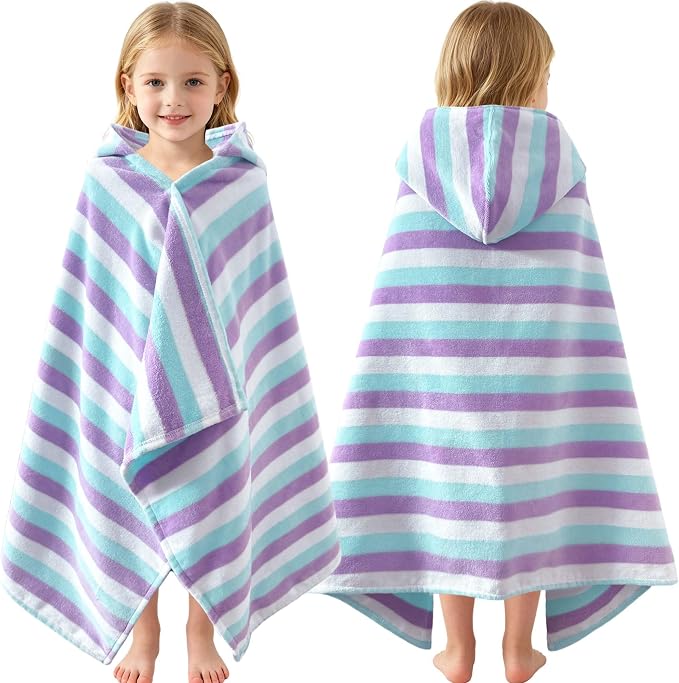 VOOVA & MOVAS Kids Wearable Towel,3-10 Years,100% Cotton, Purple Striped | Slim Light Weight, Quick Water Absorption, Great for Bath, Swim, Pool and Beach Vacation