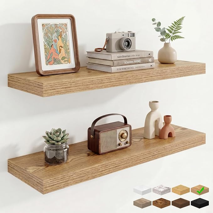 9.25in Depth 32in Floating Shelves, 32x9.25x1.4, Light Brown, Set of 2 | Wall Mounted Engineered Wood Shelves, Invisible Brackets for Living Room, Bedroom, Bathroom, Kitchen Decor and Storage