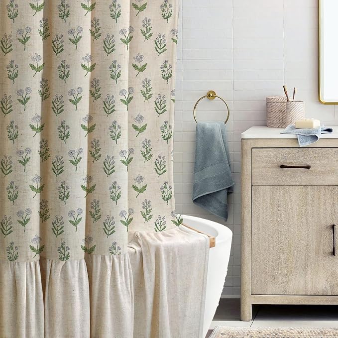 MUGINYU Linen Textured Ruffle Shower Curtain - Vintage Floral Block Print in Beige and Green, Boho Cottagecore Farmhouse French Country Bathroom Decor Set, 72x72 Inches