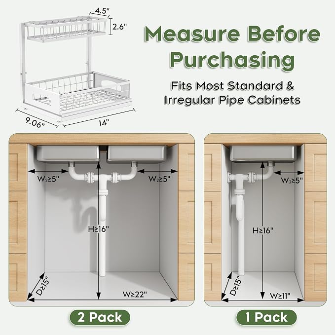 Under Sink Organizer, 1-Pack L-Shaped Metal Pull-Out Drawers for Kitchen | Cabinet Organizer Height Adjustable Heavy Duty Metal 2-Tier Storage Fits Beside Common Pipes for Bathroom Pantry