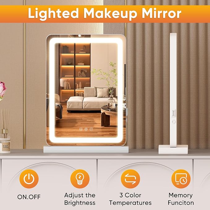 Sweetcrispy 18"x13" LED Vanity Mirror with Lights, Dimmable 3 Color Modes Makeup Mirror with Memory Function, USB Charging, Aluminum Frame, Lighted Mirrors for Desk, Bedroom, Living Room