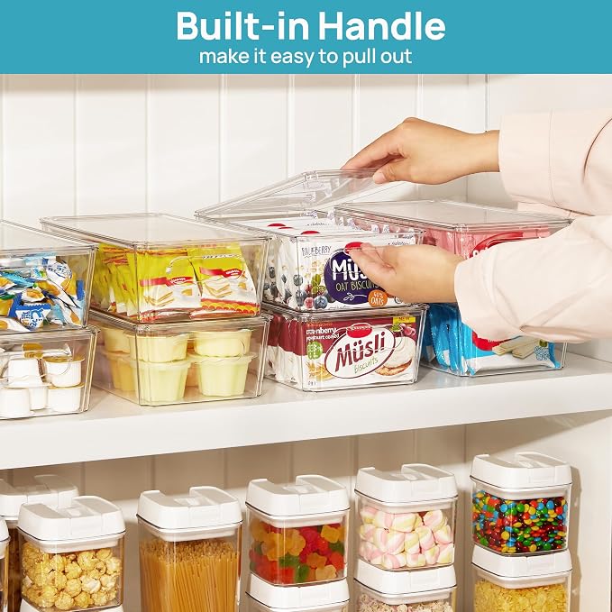 Vtopmart 4pcs Clear Stackable Storage Bins with Lids | BPA-free food-grade PET, Stackable with Lids Included, Easy to Move, For Fridge Freezer Pantry Cabinet Kitchen Organization