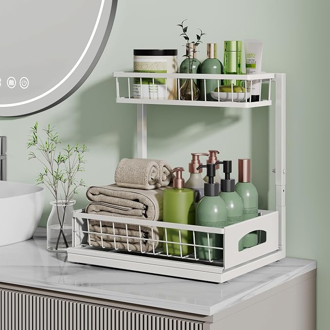 Under Sink Organizer, 1-Pack L-Shaped Metal Pull-Out Drawers for Kitchen | Cabinet Organizer Height Adjustable Heavy Duty Metal 2-Tier Storage Fits Beside Common Pipes for Bathroom Pantry