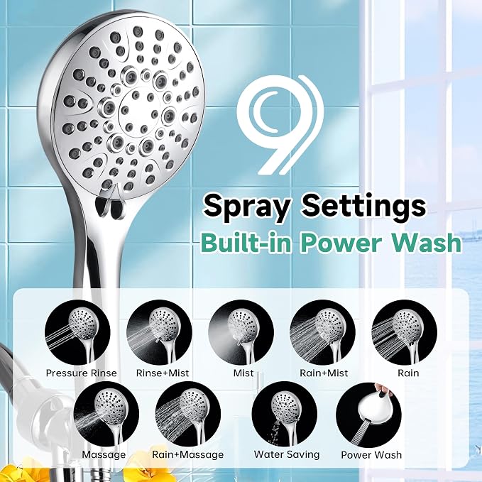 BRIGHT SHOWERS High Pressure Shower Head with Handheld, 9 Spray Settings Showerhead Built in Power Wash to Clean Tub and Pets, Extra Long 69" Hose, Adjustable Bracket, Chrome