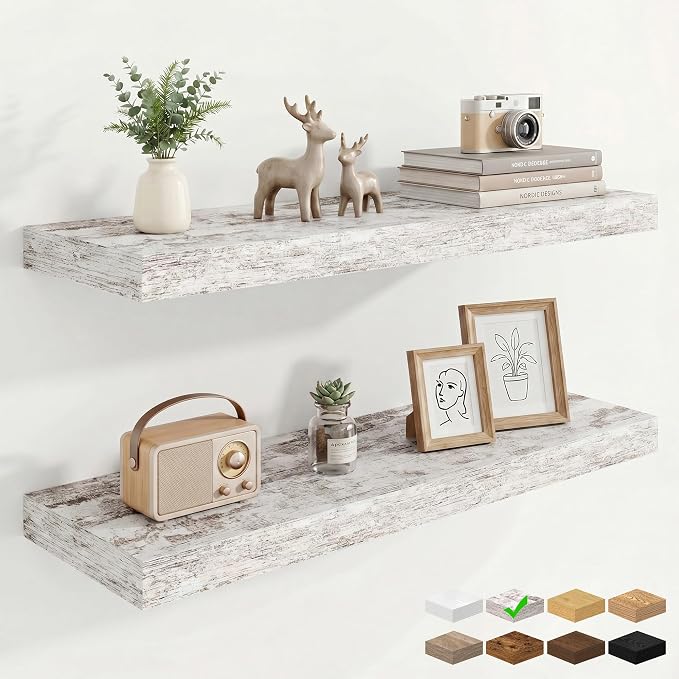 9.25in Depth 30in Floating Shelves, 30x9.25x1.4, Vintage White, Set of 2 | Wall Mounted Engineered Wood Shelves, Invisible Brackets for Living Room, Bedroom, Bathroom, Kitchen Decor and Storage
