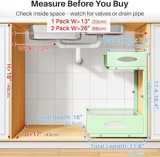 Under Sink Organizer, 2 Pack 2 Tier Pull Out Under Cabinet Organizer Shelf with Pad for Framed Cabinets, Metal Slide Out Under Sink Storage, Mesh Sliding Drawers for Kitchen Bathroom Laundry, Green