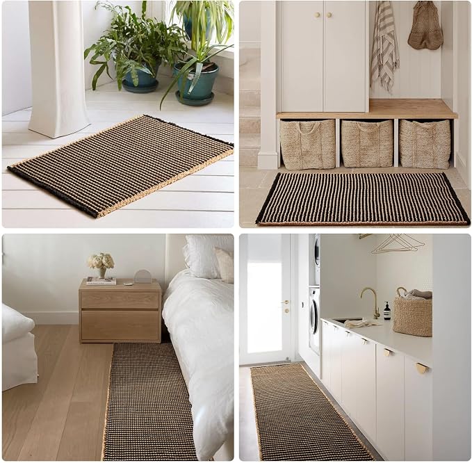 TYUU Waffle Runner Rug Bathroom, Long Boho Bathroom Rugs Non Slip Washable Super Absorbent Quick Dry Farmhouse Bath Decor, 72"x24" Khaki and Black