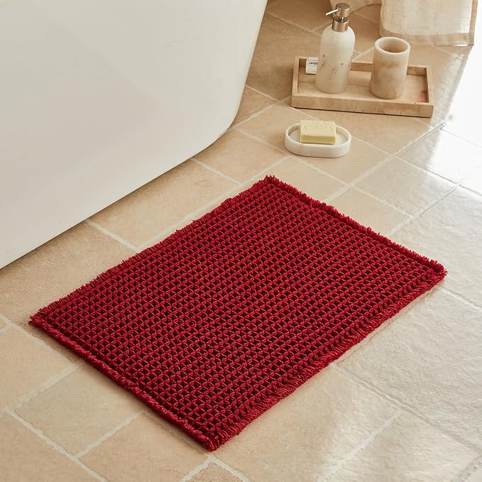 Triohero Waffle Bath Mat, Small Boho Bathroom Rugs Non Slip Washable, Ultra Soft Super Absorbent Quick Dry Farmhouse Bathroom Decor, 16" x 24", Burgundy