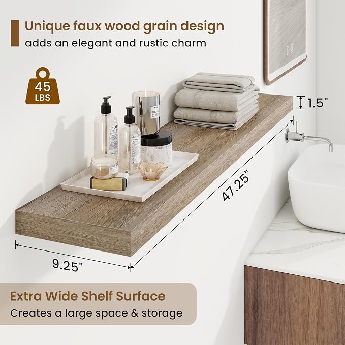 Marsmiles 9.25in Depth 48in Floating Shelves, 48x9.25x1.4, Grey, Set of 2 | Long Wall Mounted Engineered Wood Shelves with Invisible Brackets for Living Room, Bedroom, Bathroom, Kitchen
