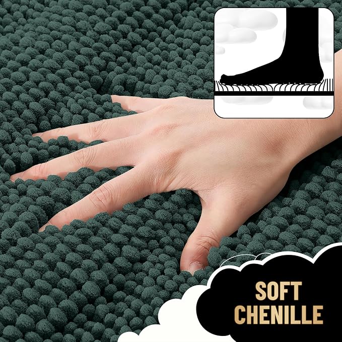 OLANLY Thick Bathroom Rugs 30x20, Soft Chenille Bath Rugs, Blackish Green | Rubber Backing, Machine Wash, Extra Absorbent Striped Bath Mats for Bathroom Floor, Tub and Shower, Home Decor Accessories