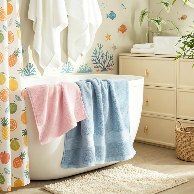 COZYART Luxury Bath Towels 4 PCS, 650 GSM Turkish Cotton, Pink+Light Blue | 27x54, Zero Twist 100% Ring Spun Cotton, Fluffy, Ultra Soft, Super Absorbent, Quick Dry Towels for Hotel Spa Bathroom Shower
