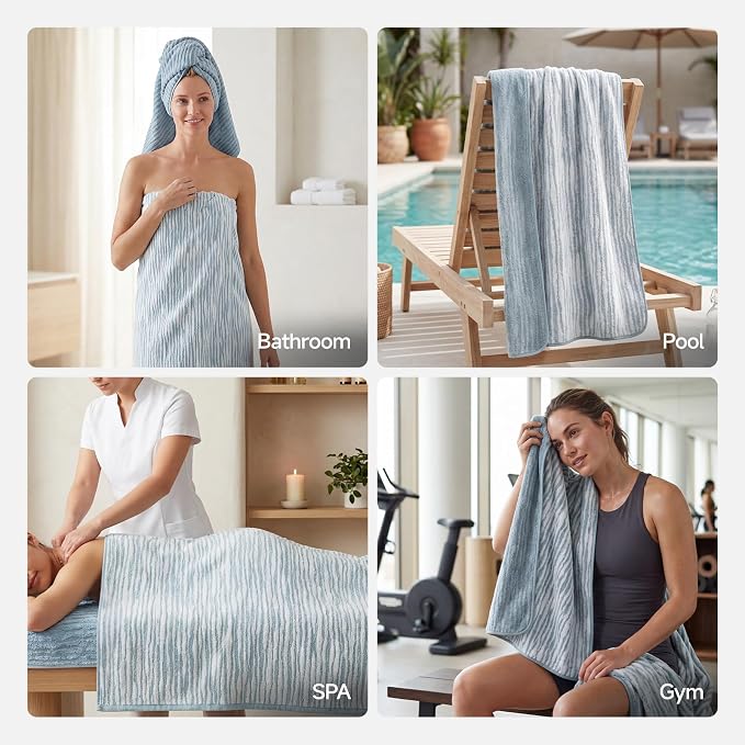REDKISS 2 Pack Blue Bath Towels Set, 100% Cotton Double-Sided Design | Ultra Soft, Super Absorbent, Quick Dry Bathroom Towels for Bathroom, Gym, Spa, Pool, Hotel & Family Use, 29 x 59 Inches